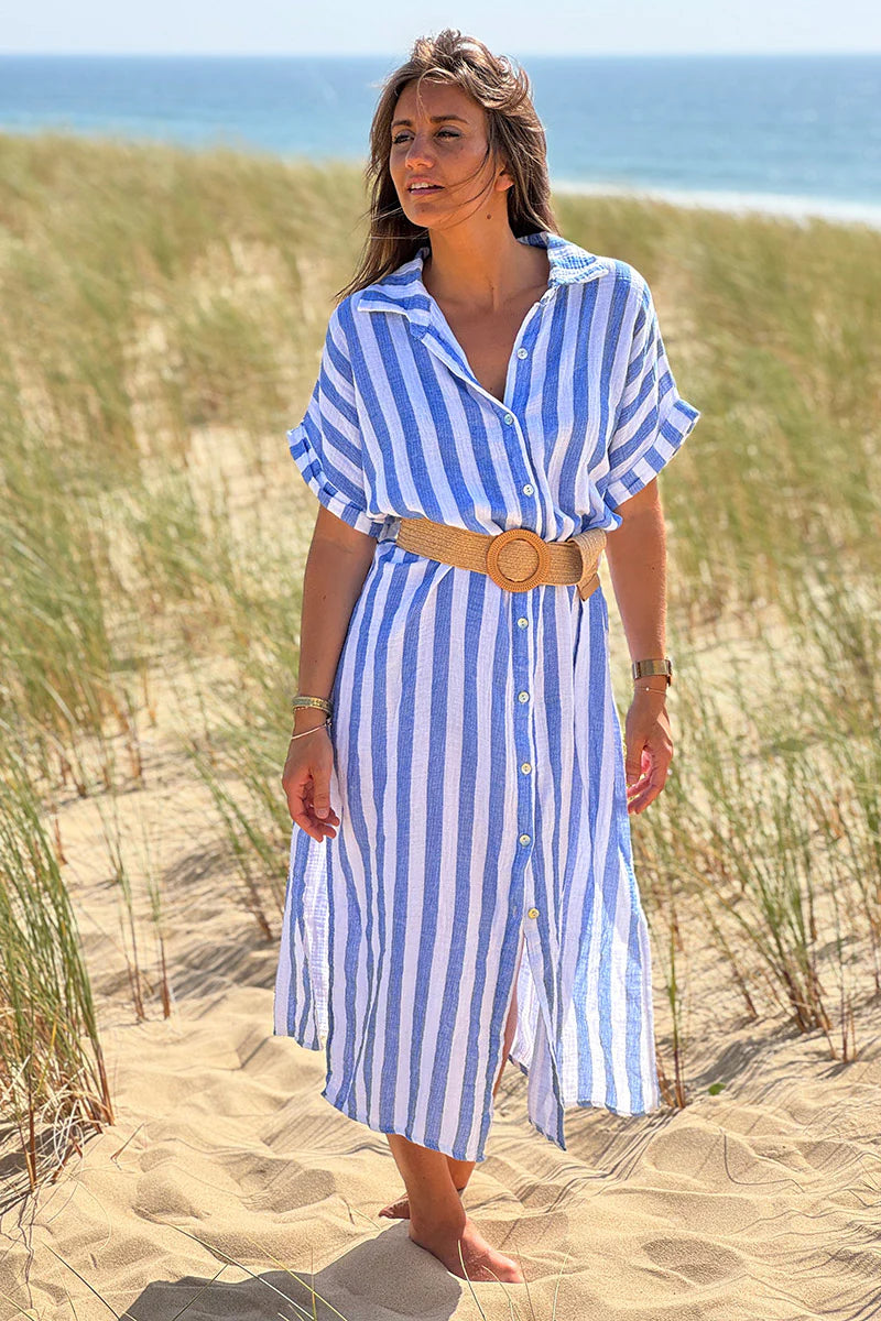Blue Cabana Stripe Gauze Belted Shirt Dress