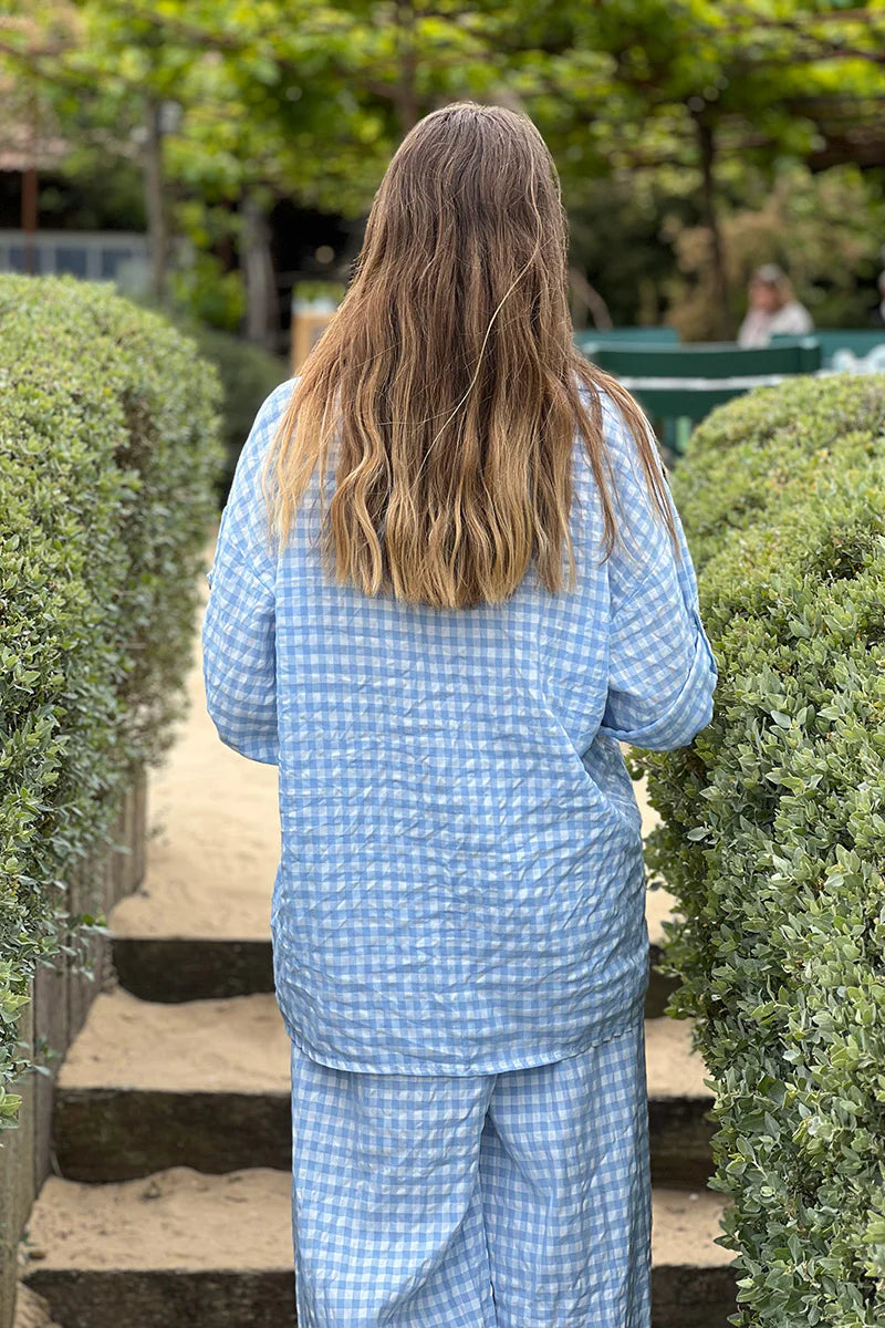 Blue Gingham Button-Down Blouse