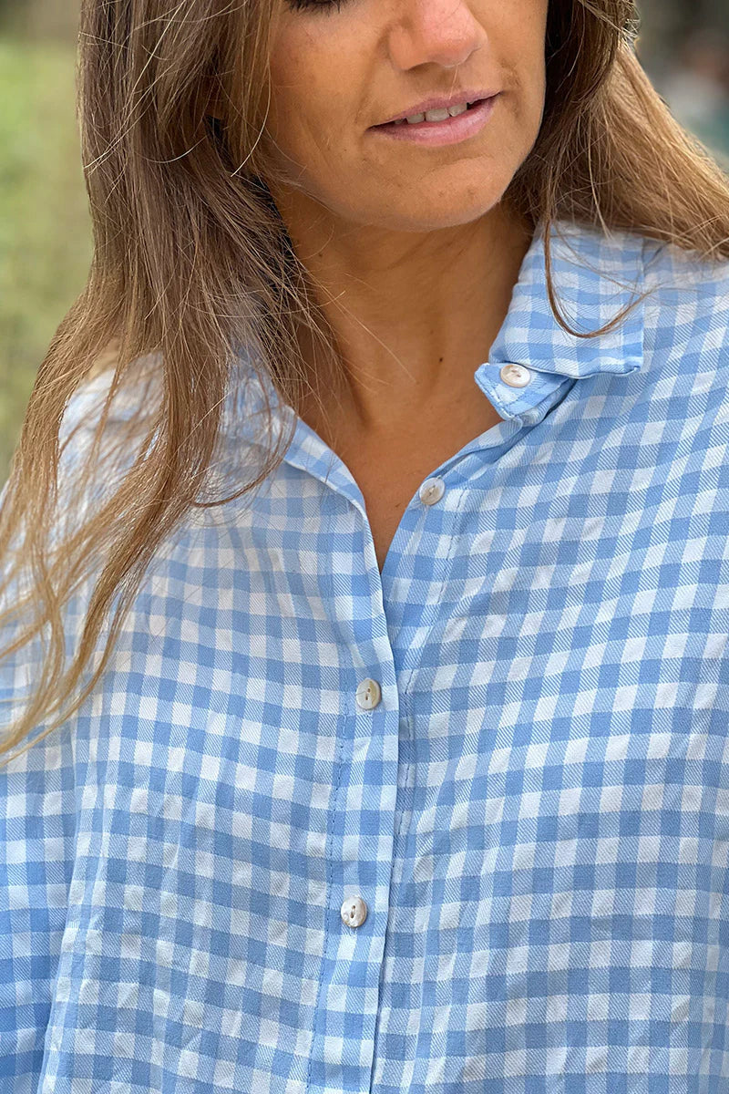 Blue Gingham Button-Down Blouse