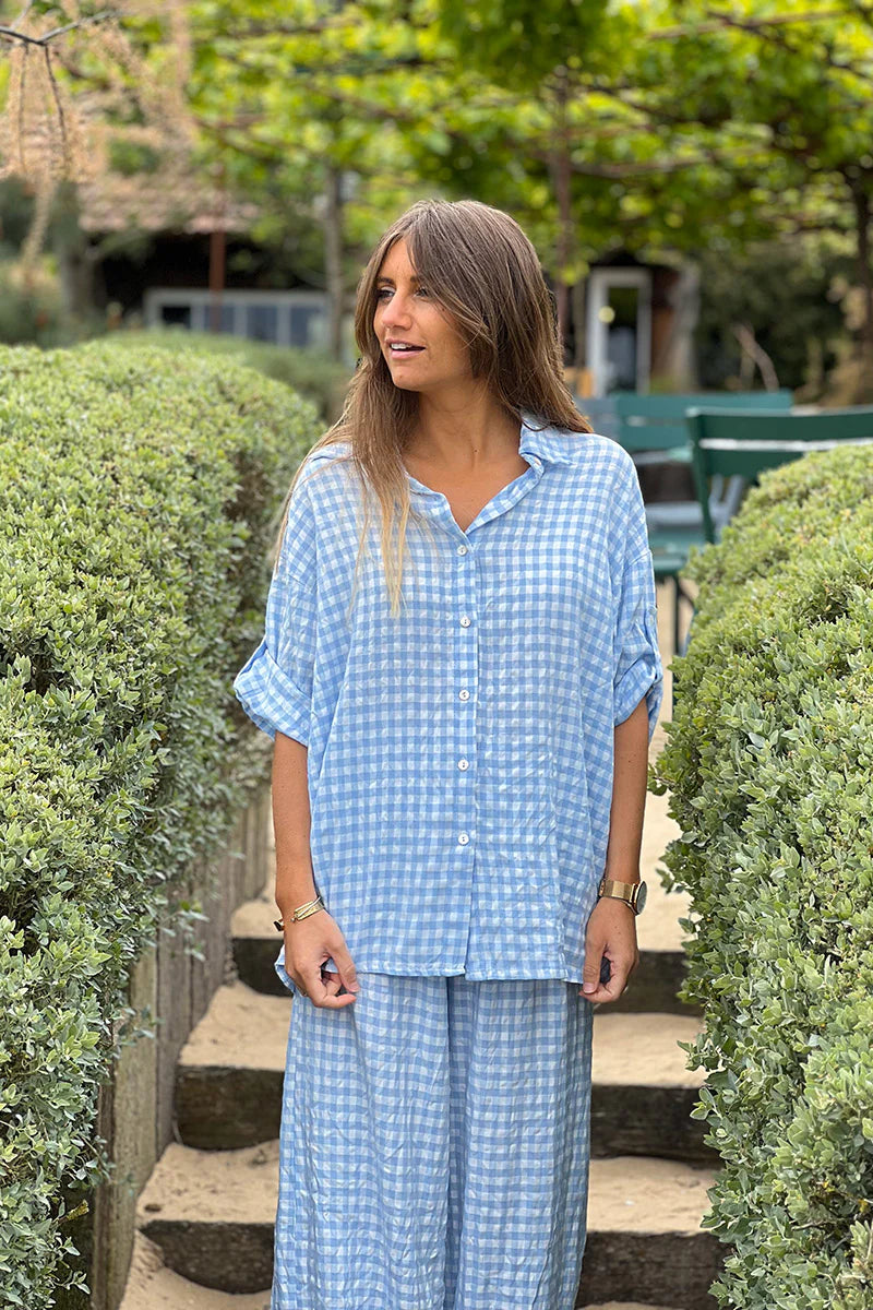 Blue Gingham Button-Down Blouse