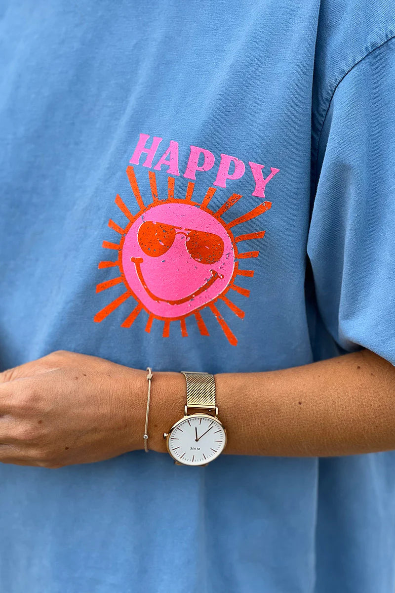 Blue Happy Sun Screen Print Tee