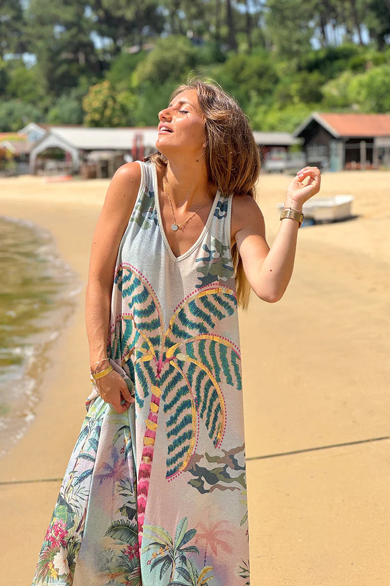 Blue Patterned Palms Sleeveless Maxi Dress