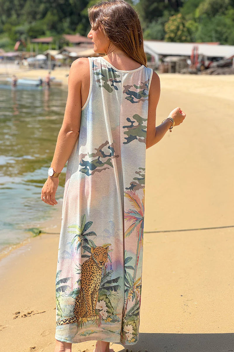 Blue Patterned Palms Sleeveless Maxi Dress