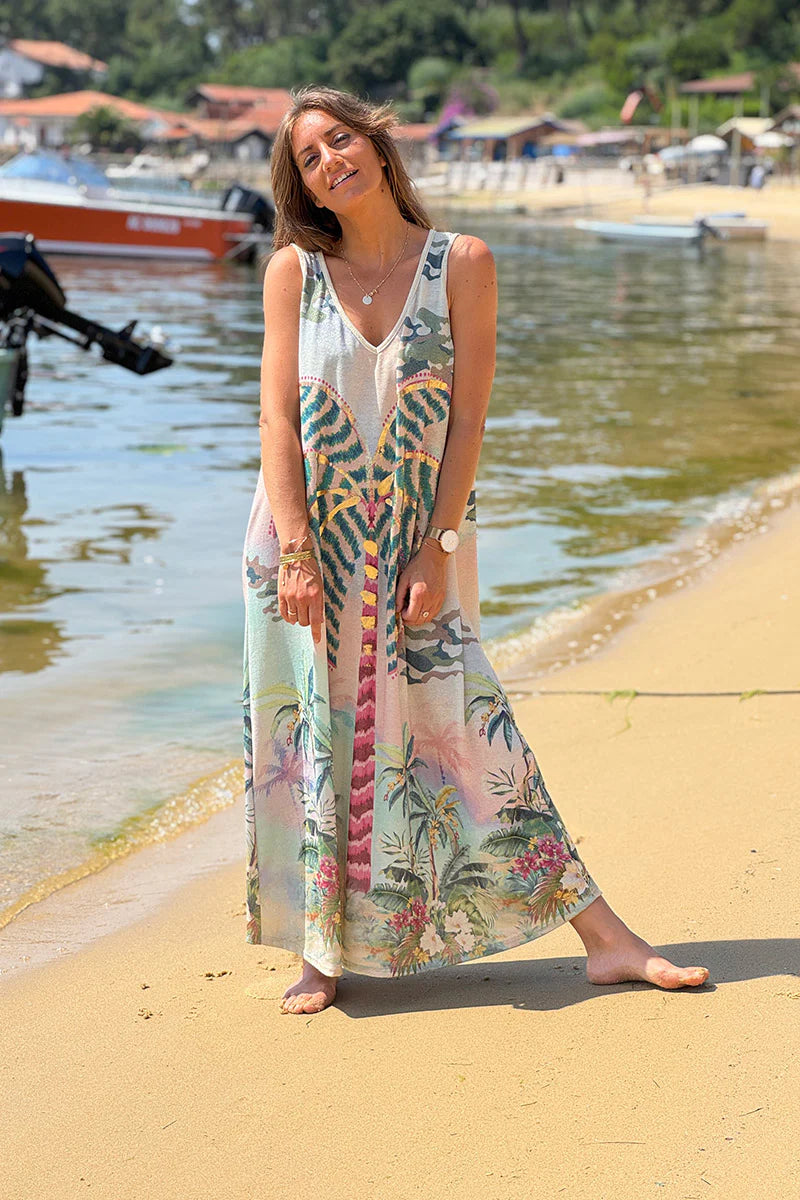 Blue Patterned Palms Sleeveless Maxi Dress