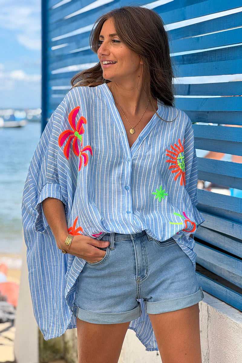 Blue Pinstripe Neon Applique Beach Blouse