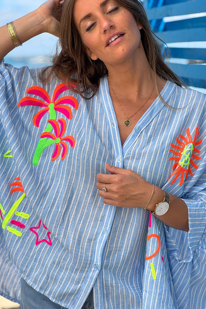 Blue Pinstripe Neon Applique Beach Blouse