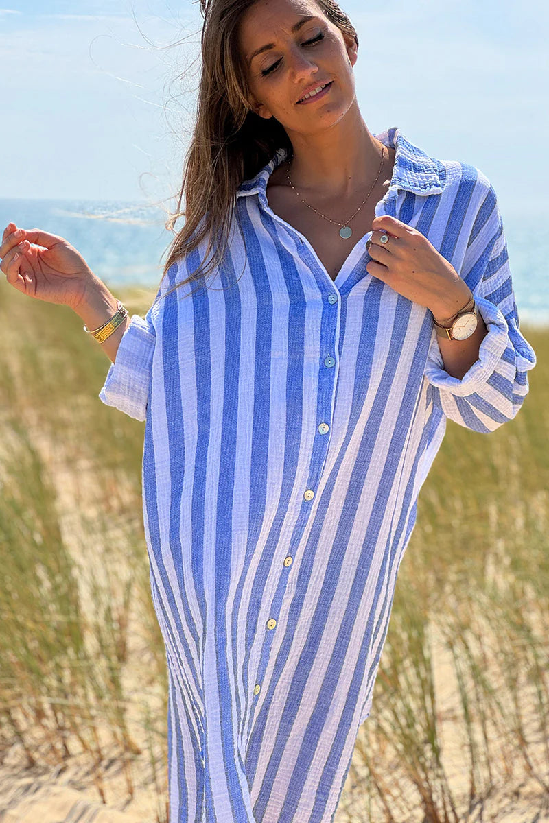 Blue Stripe Gauze Shirt Dress
