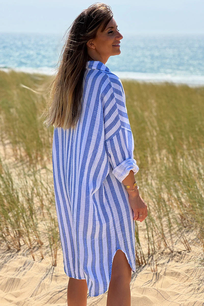 Blue Stripe Gauze Shirt Dress