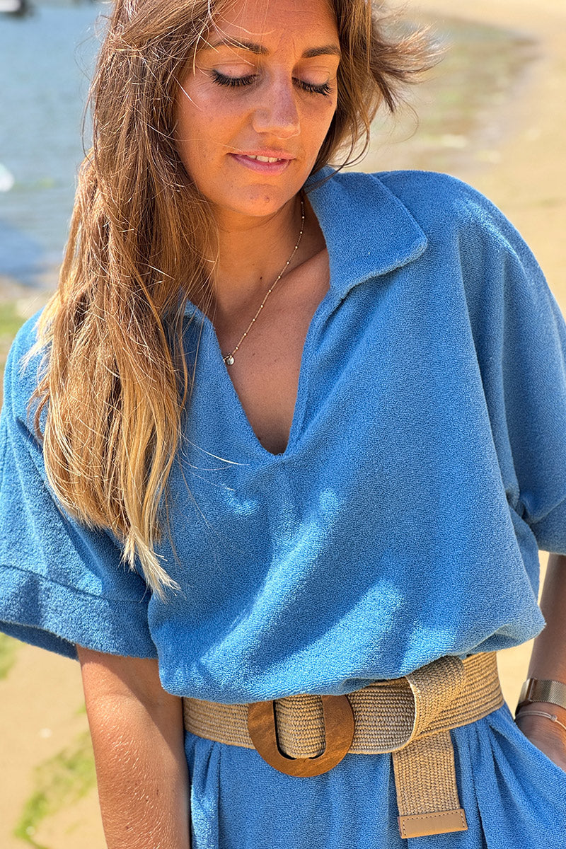 Blue Terry Cloth Collared Caftan