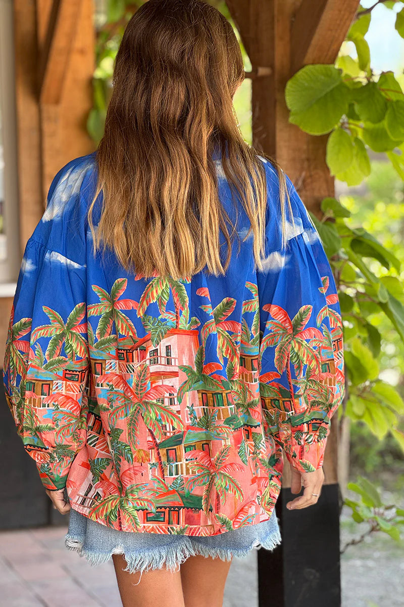 Blue Tropical Getaway Button-Down Blouse