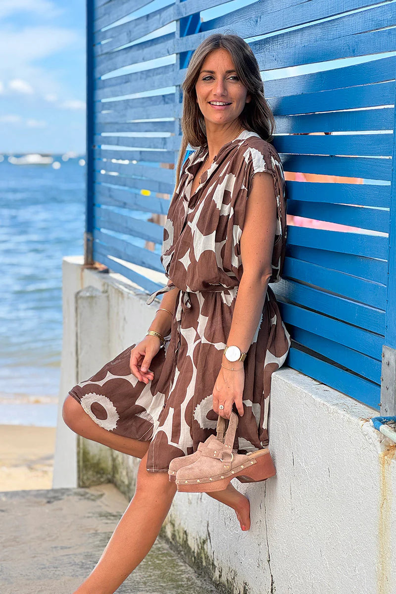 Brown Floral Sleeveless Belted Cream Dress