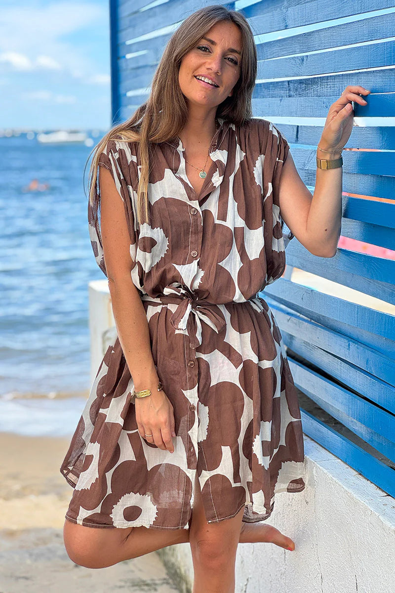 Brown Floral Sleeveless Belted Cream Dress