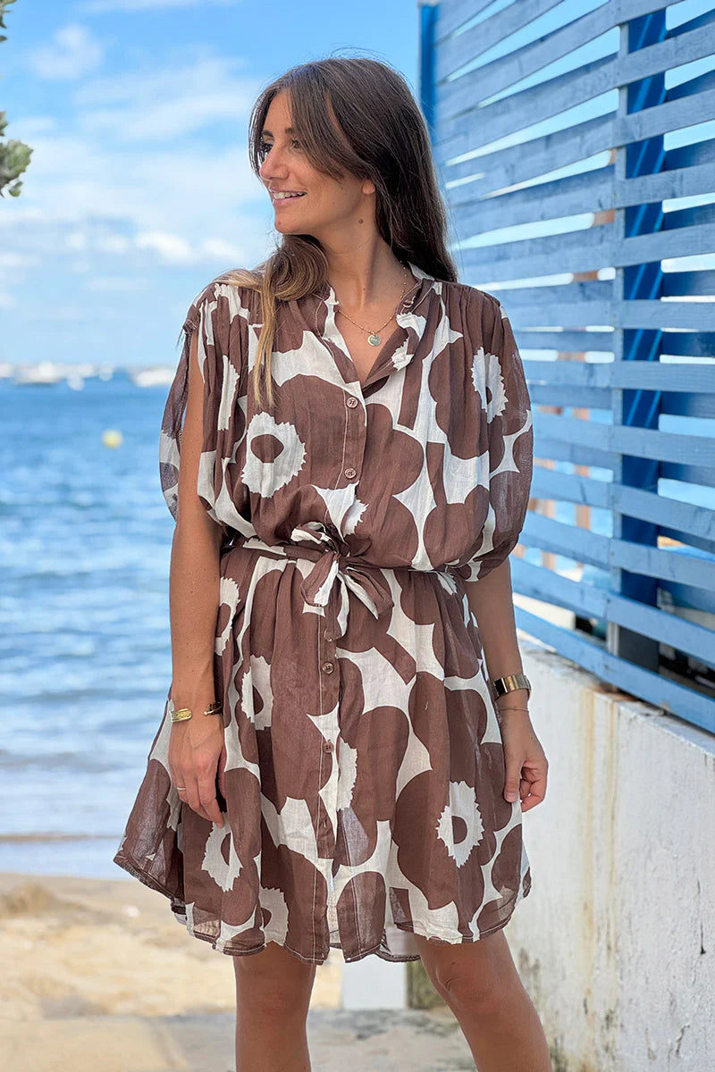 Brown Floral Sleeveless Belted Cream Dress