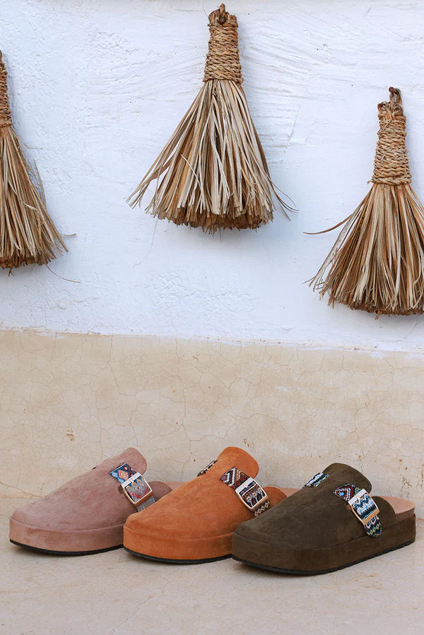 Light Brown Sueded Mules with Tribal Woven Strap