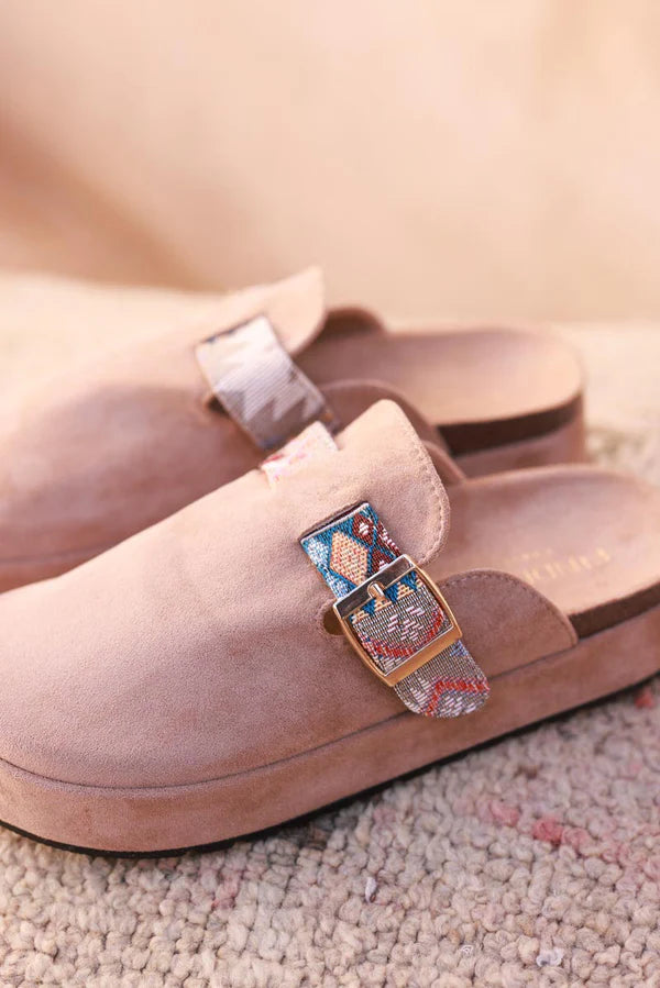 Light Brown Sueded Mules with Tribal Woven Strap
