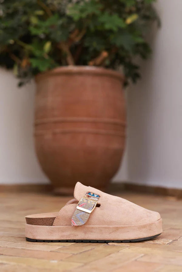 Light Brown Sueded Mules with Tribal Woven Strap