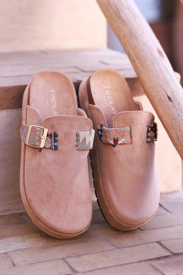 Light Brown Sueded Mules with Tribal Woven Strap