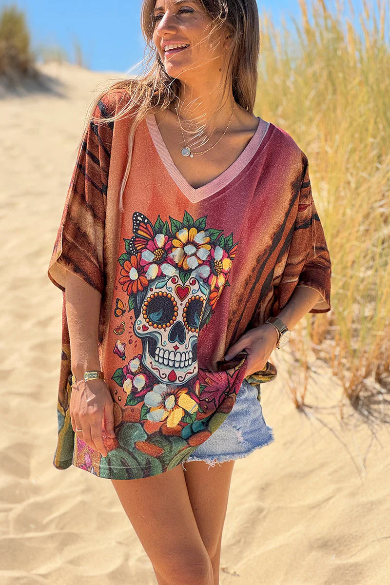 Burgundy Skull Glitter Knit Slouchy Blouse