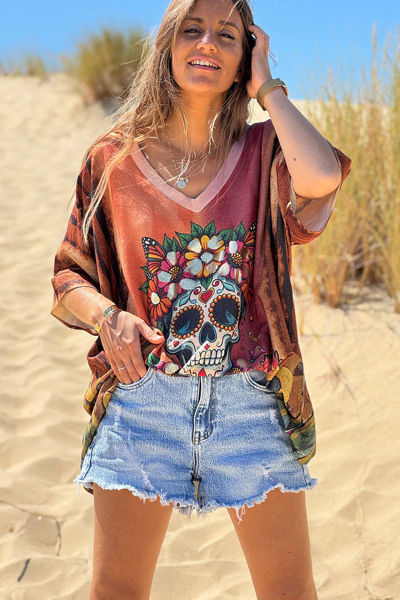 Burgundy Skull Glitter Knit Slouchy Blouse