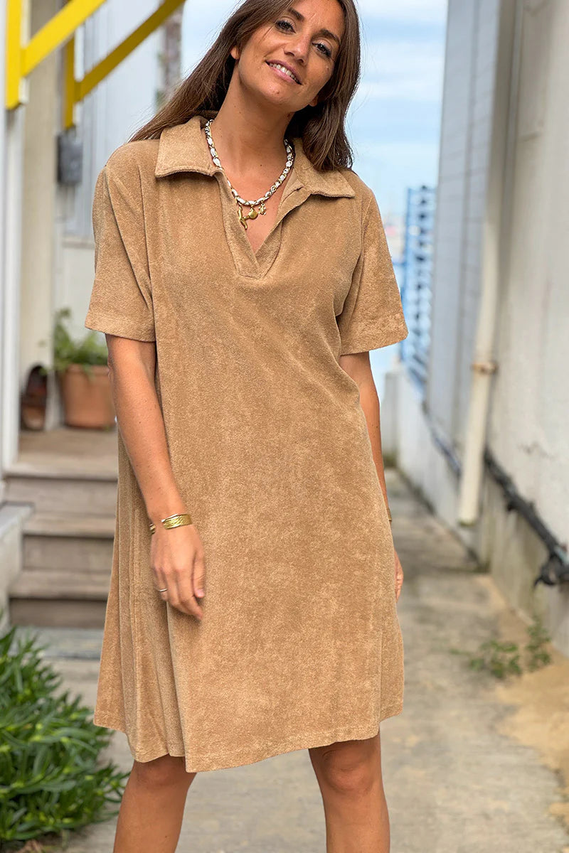 Cafe Terry Cloth Collared V-Neck Dress