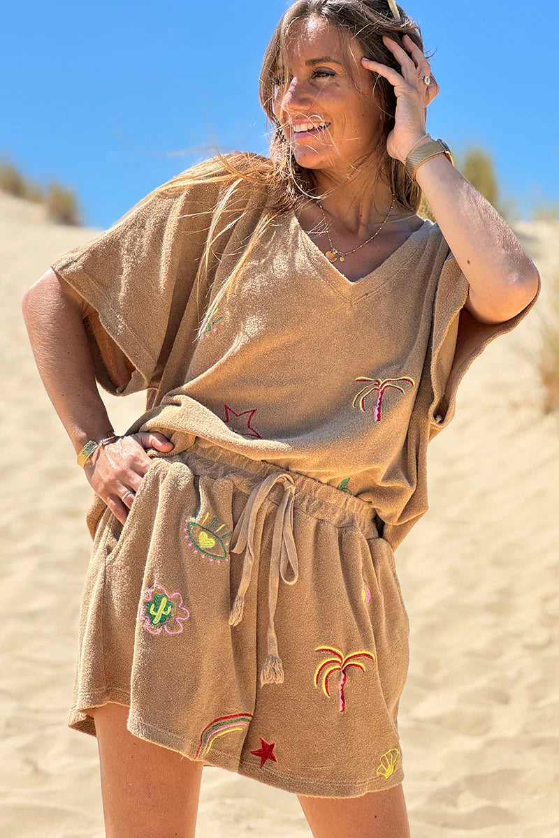 Camel Embroidered Terry Pull-On Shorts