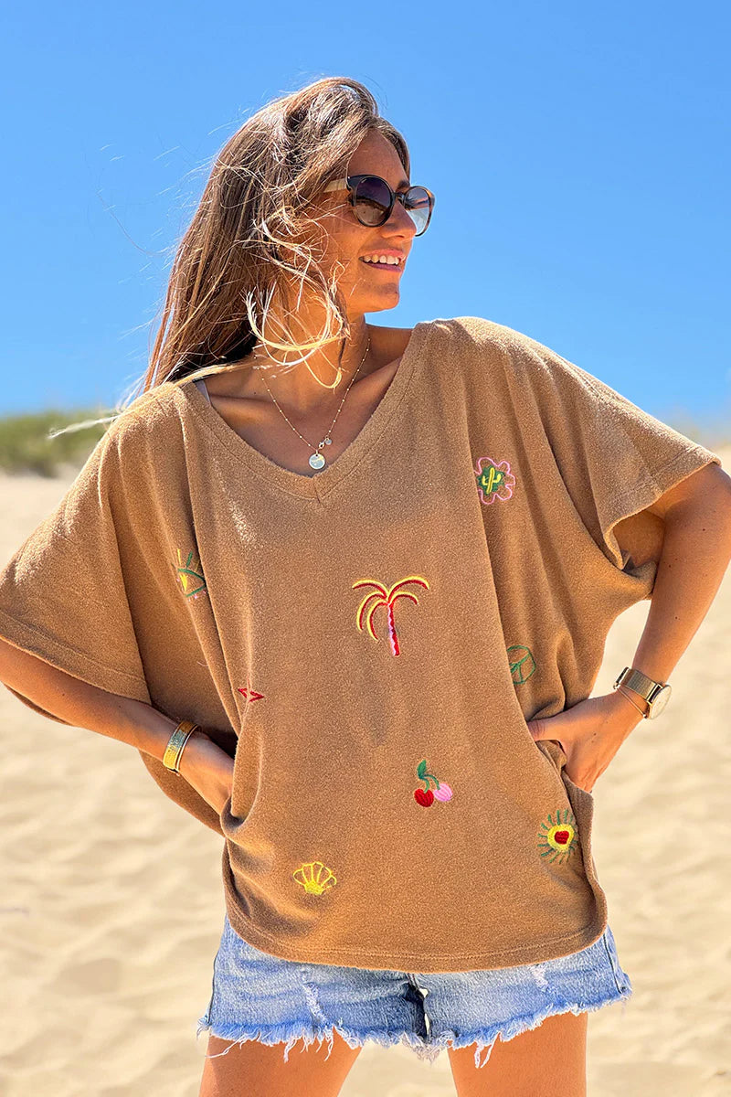 Camel Embroidered Terry V-Neck Top