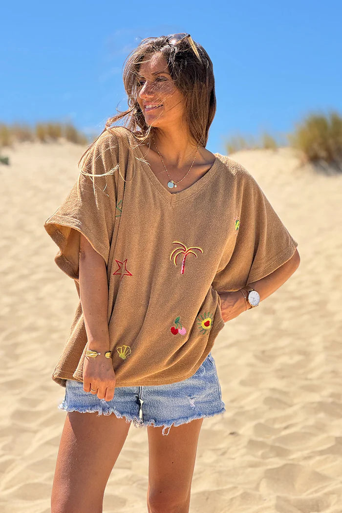 Camel Embroidered Terry V-Neck Top