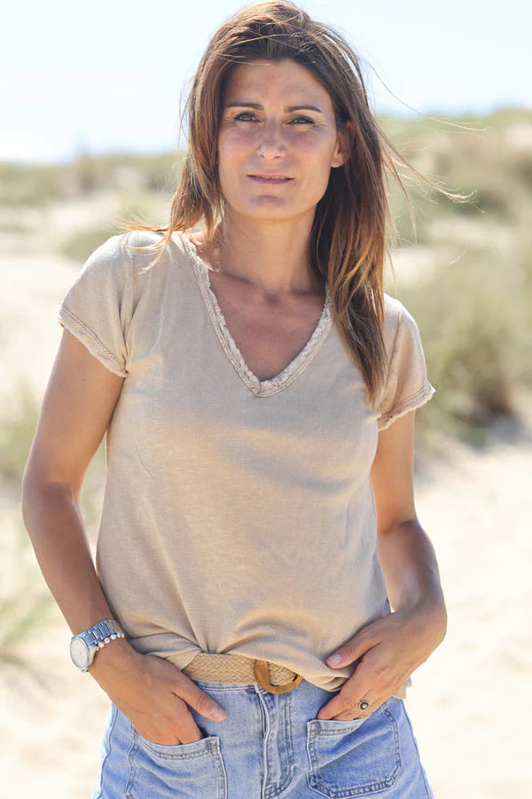 Light Brown Stretch Cotton T-Shirt with Raw Hems