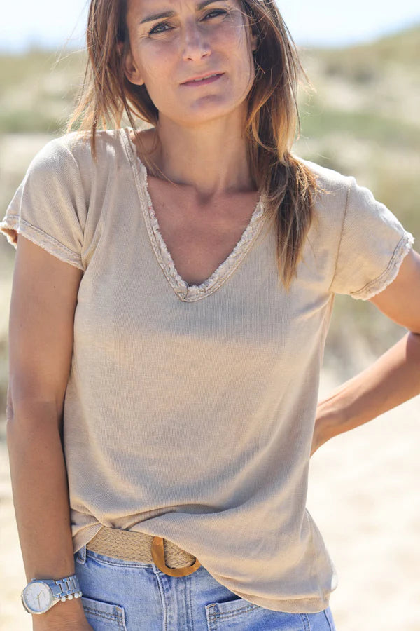 Light Brown Stretch Cotton T-Shirt with Raw Hems