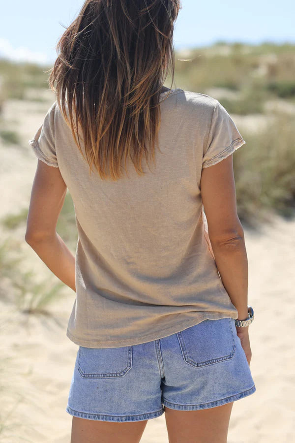 Light Brown Stretch Cotton T-Shirt with Raw Hems