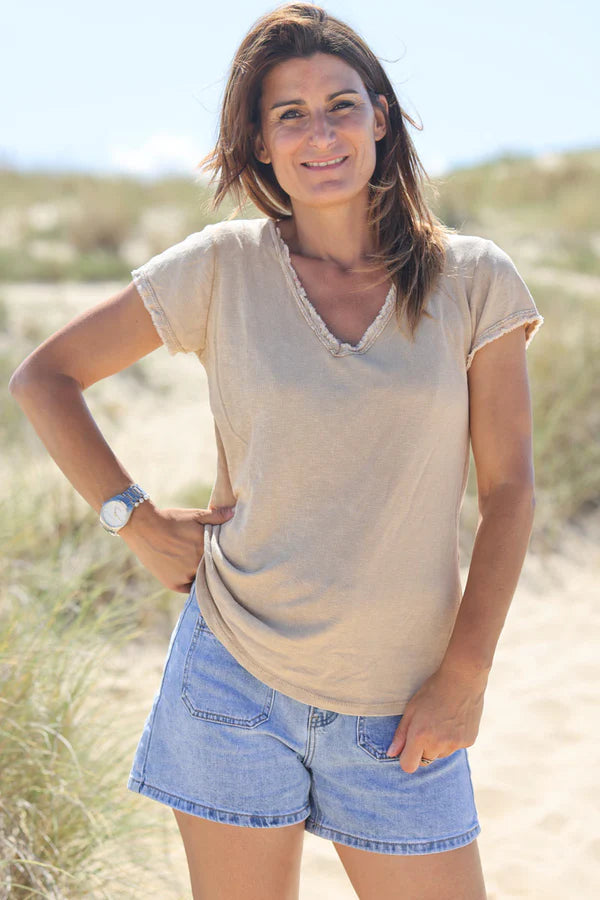 Light Brown Stretch Cotton T-Shirt with Raw Hems