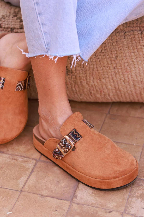 Camel Sueded Mules with Tribal Woven Strap