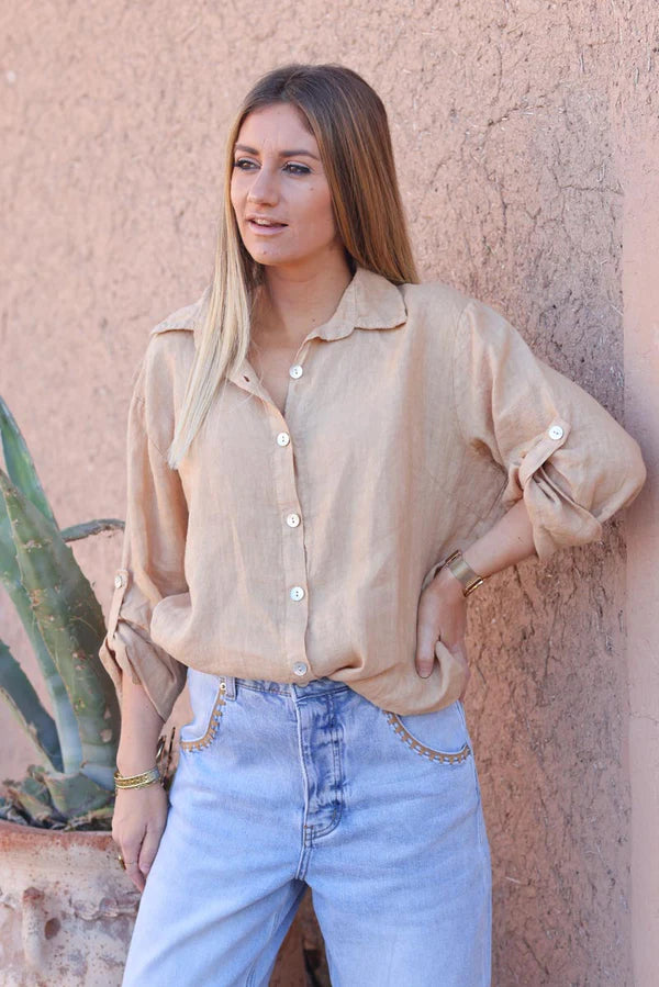 Caramel Linen Button-Down Shirt with mother of pearl buttons