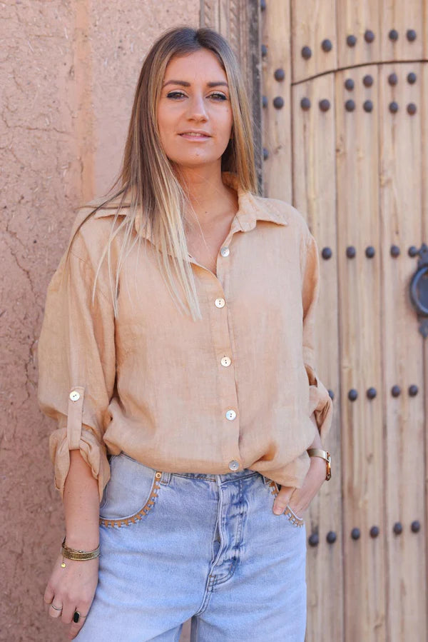 Caramel Linen Button-Down Shirt with mother of pearl buttons
