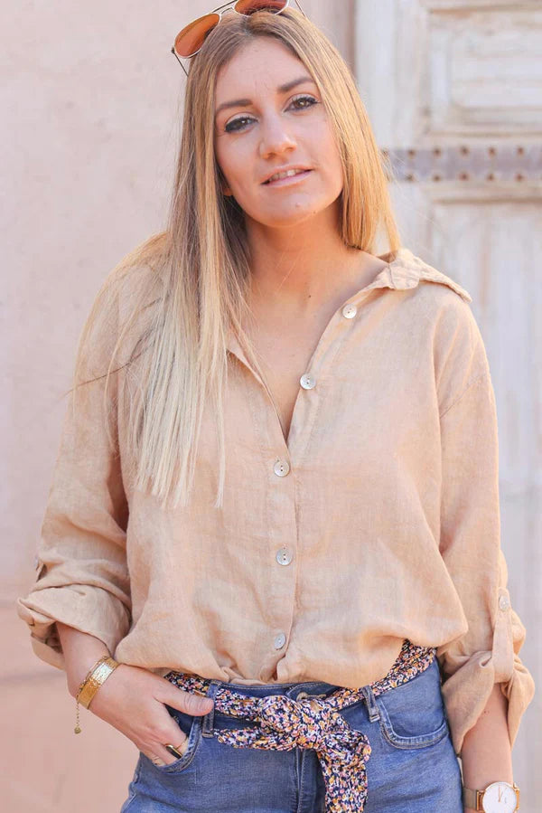 Caramel Linen Button-Down Shirt with mother of pearl buttons