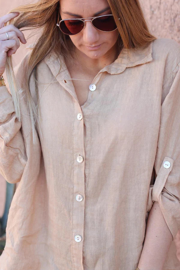 Caramel Linen Button-Down Shirt with mother of pearl buttons