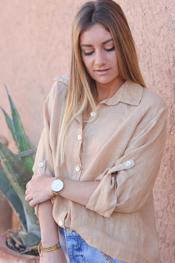 Caramel Linen Button-Down Shirt with mother of pearl buttons
