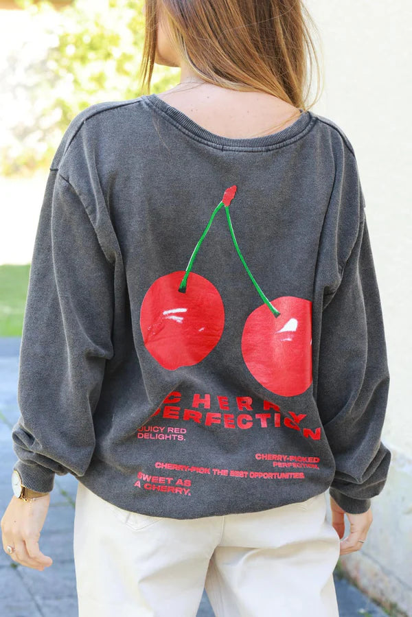 Cherry Perfection Black Cotton Pullover Sweater
