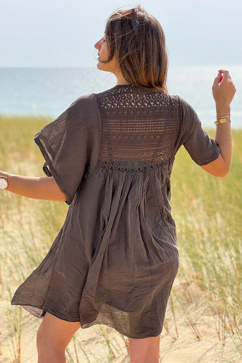 Chocolate Floaty Cotton Dress with Lace Top