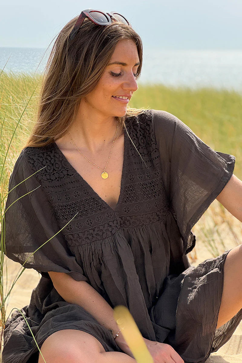 Chocolate Floaty Cotton Dress with Lace Top