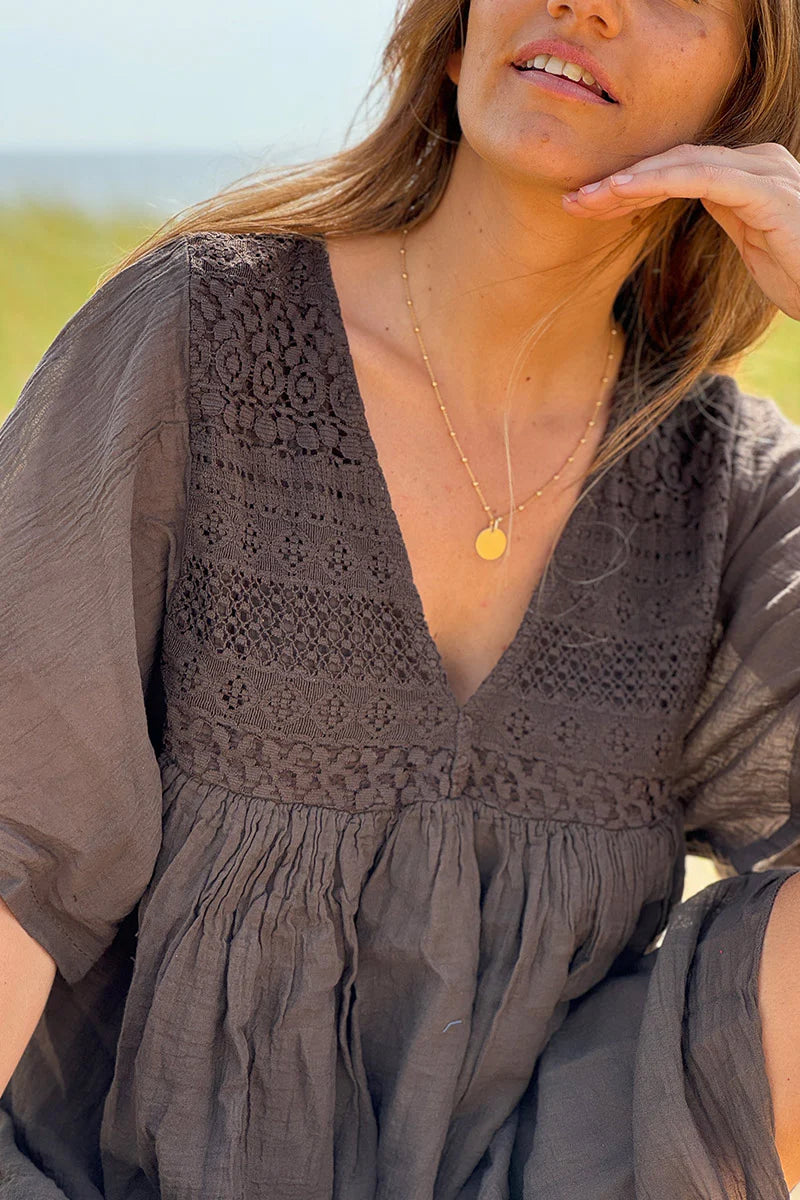 Chocolate Floaty Cotton Dress with Lace Top