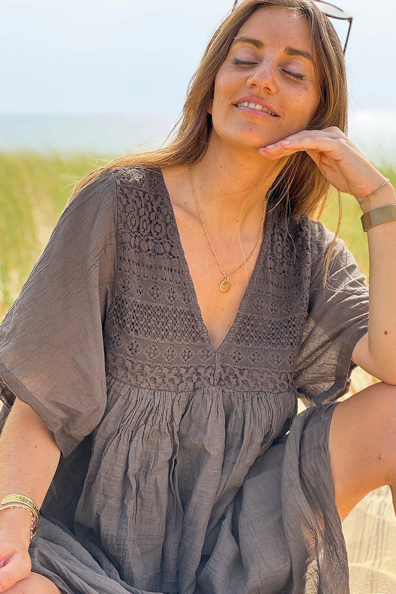 Chocolate Floaty Cotton Dress with Lace Top