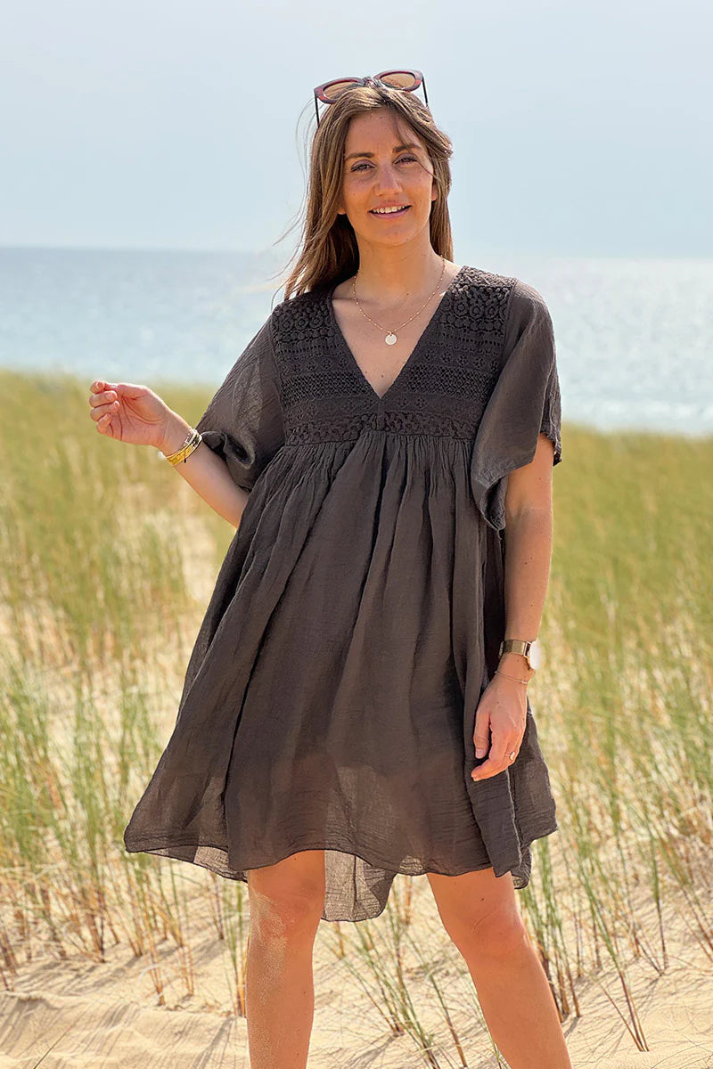 Chocolate Floaty Cotton Dress with Lace Top