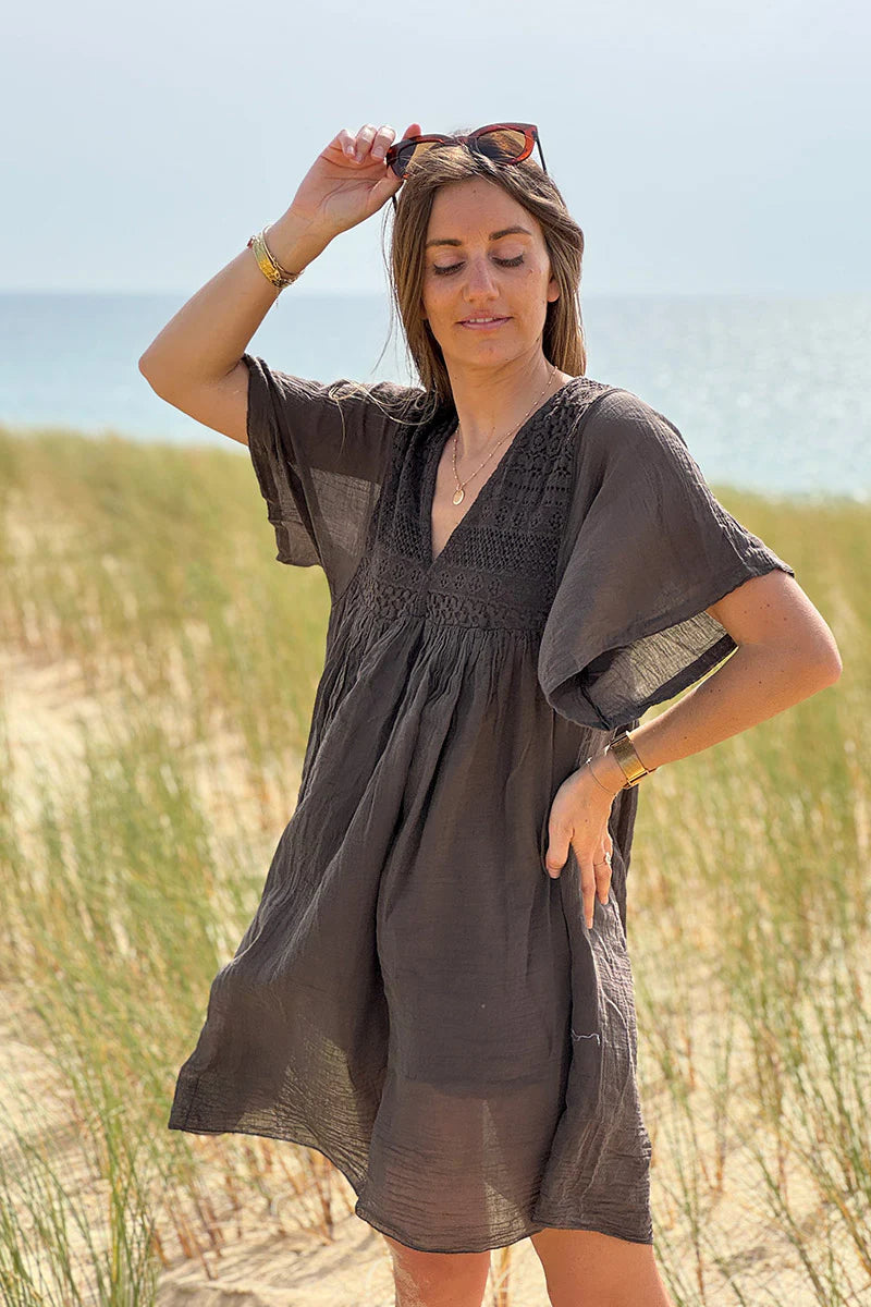 Chocolate Floaty Cotton Dress with Lace Top