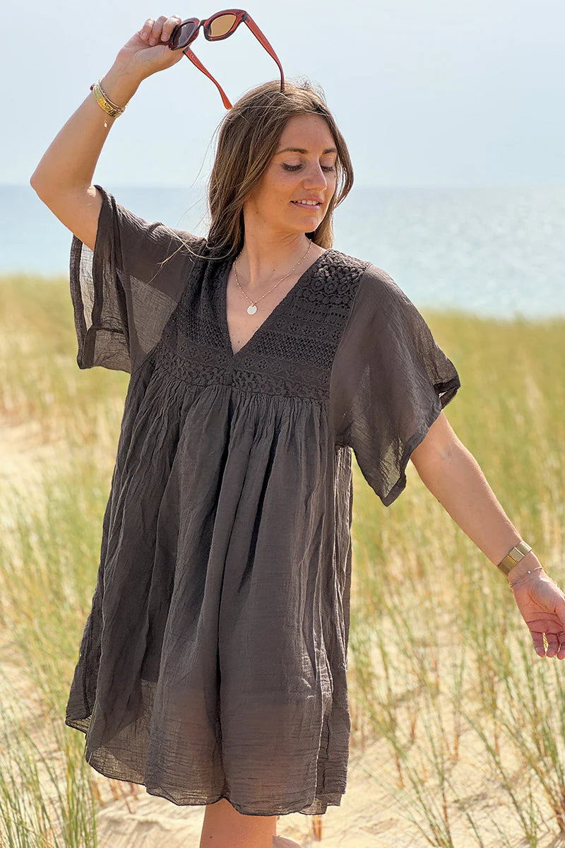 Chocolate Floaty Cotton Dress with Lace Top