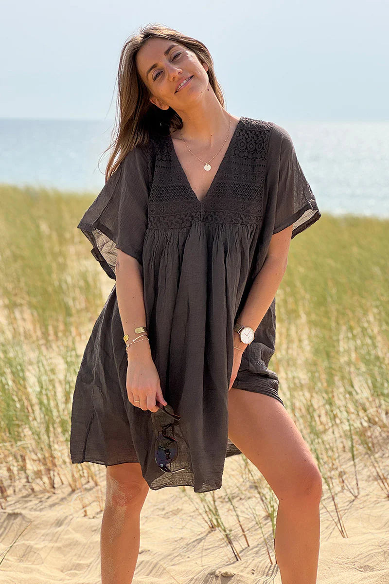 Chocolate Floaty Cotton Dress with Lace Top