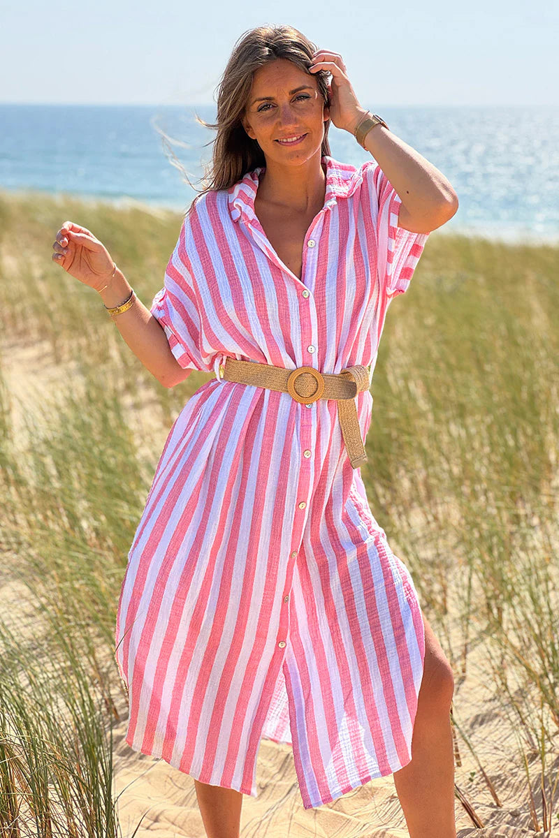 Coral Cabana Stripe Gauze Belted Shirt Dress