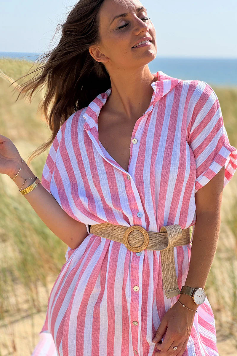 Coral Cabana Stripe Gauze Belted Shirt Dress