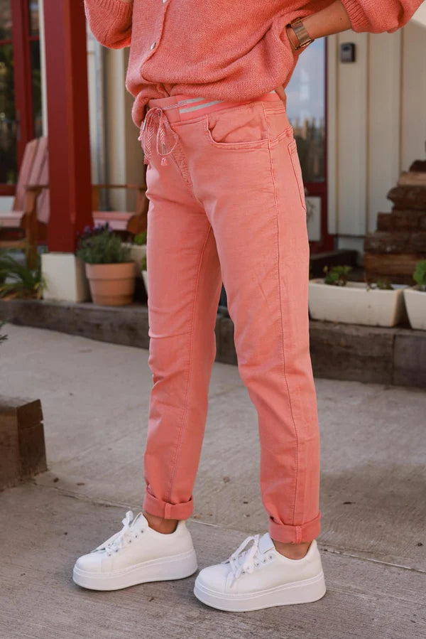 Coral Comfort Stretch Pants with Silver Elasticated Waist