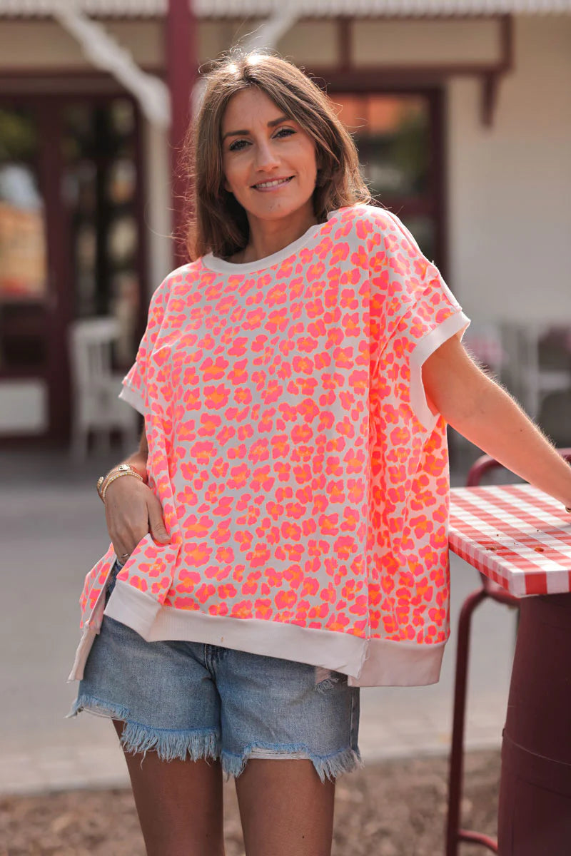 Coral Leopard Print Knit Top